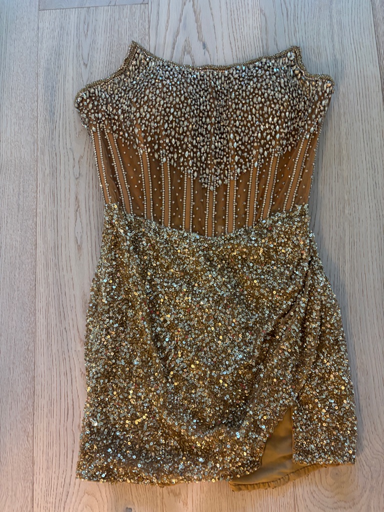 Gold Sequin Strapless Mini Dress With Bead Bodice